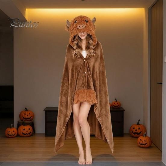 Comfortable Loungewear for Women Halloween Wearable Blanket Hoodie, Cozy Hooded Highland Cow Cape, Soft Festive Winter Throw Plush Sloth Black