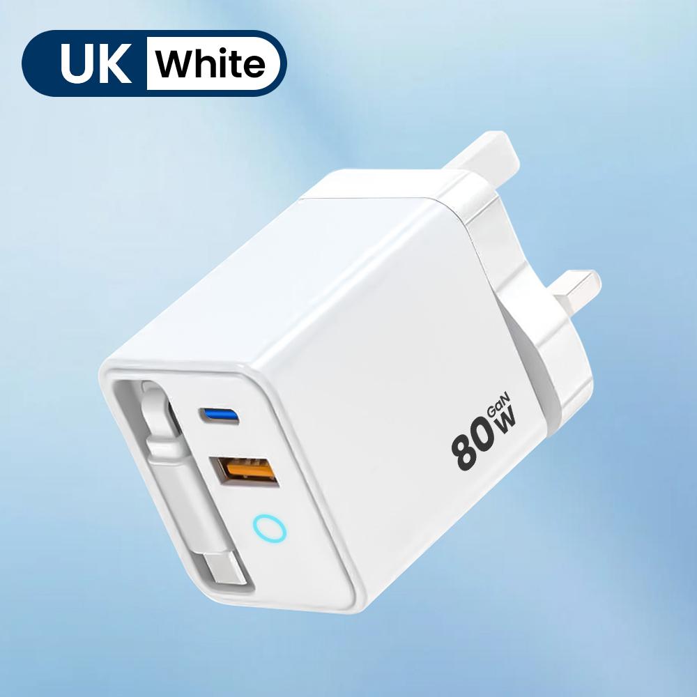 80W USB Type C super fast charger with LED indicator, equipped with a retractable cable, supports PD fast charging, suitable fo