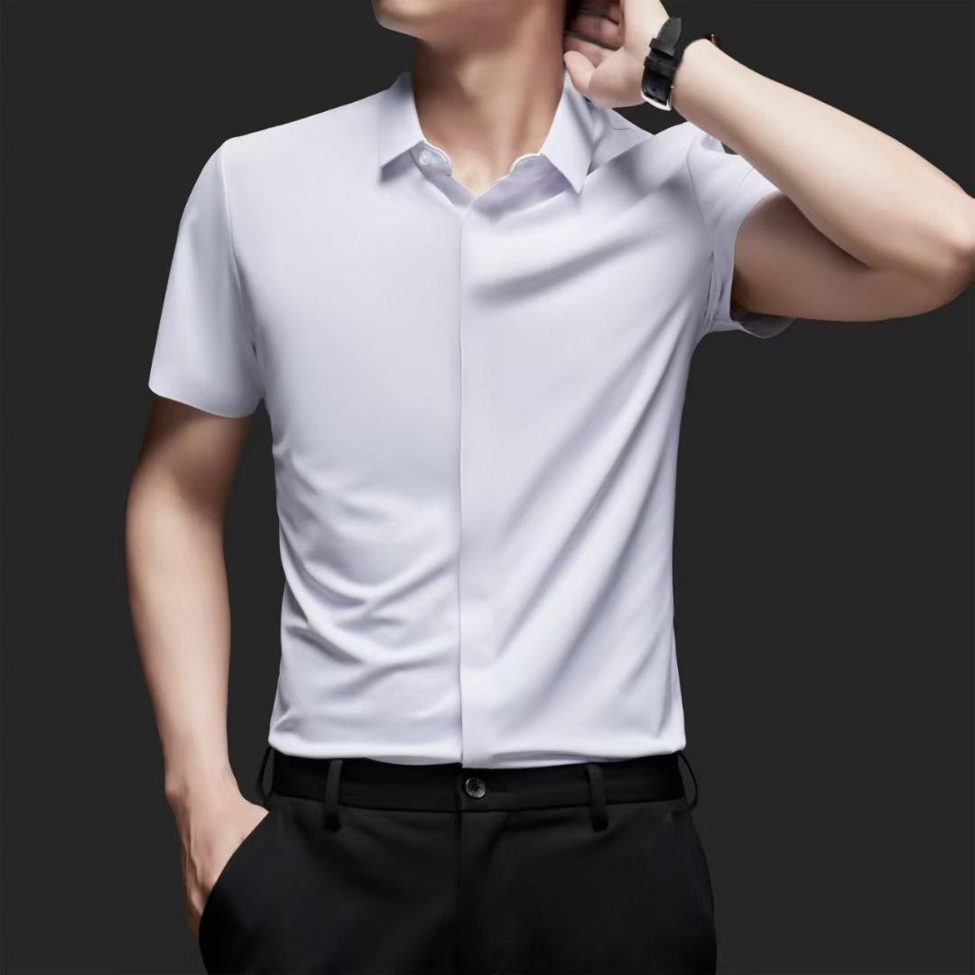 

Рубашка с короткими рукавами, мужская летняя, с потайными пуговицами, лацканами, однотонная, бесшовная, легкая, роскошная, мужская рубашка с короткими рукавами S