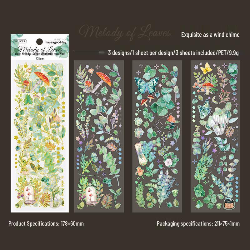 Leaves Melody Gold Laser Journal Stickers: Transparent, Waterproof Plant and Dried Flower Decorations