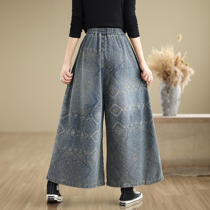 Vintage Tryck Denim Vida Ben Byxor Kvinnor Sommar Hög Midja Lös Raka Jeans Streetwear Casual Sommar Kvinnobyxor