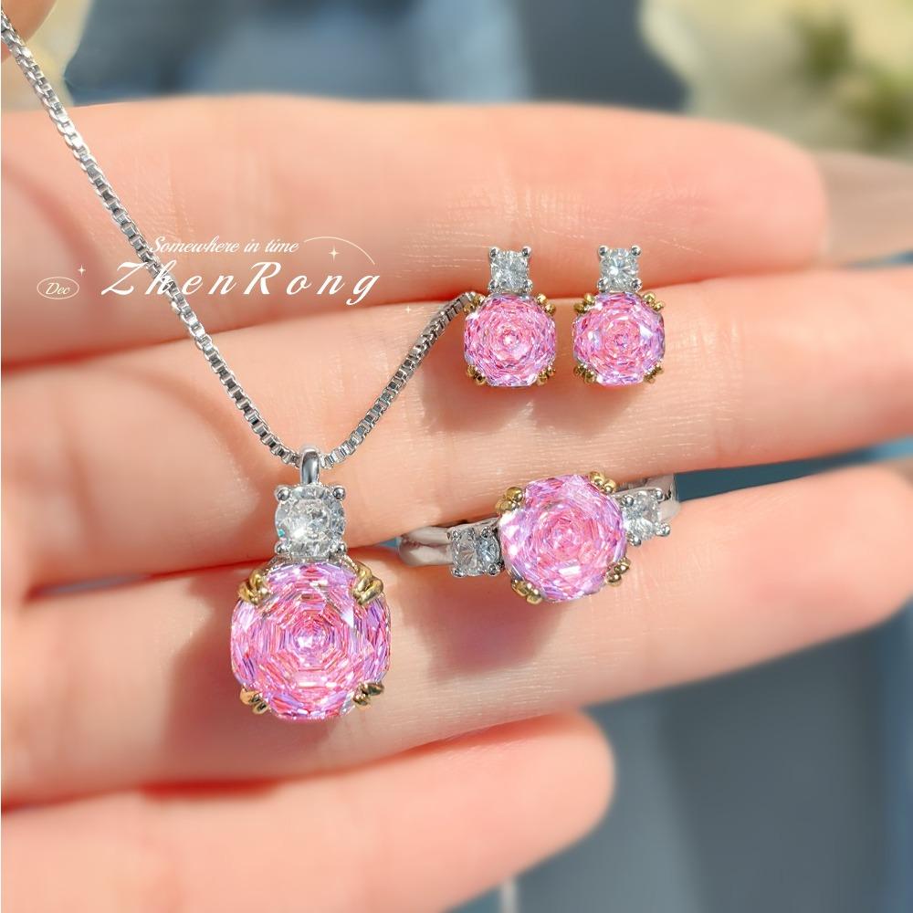 

Women Jewelry Set Fashion Rose Cut Pendant Necklace Pink Diamond Ring Red Earrings Gemstone Gift