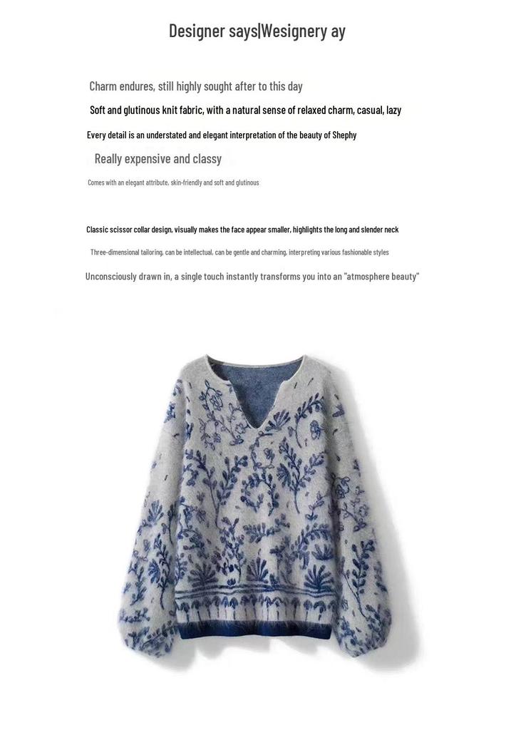 Autumn/Winter Blue & White Porcelain Jacquard Knitwear - Women's New Arrival, Hot Selling, Wearable as Inner or Outer Layer