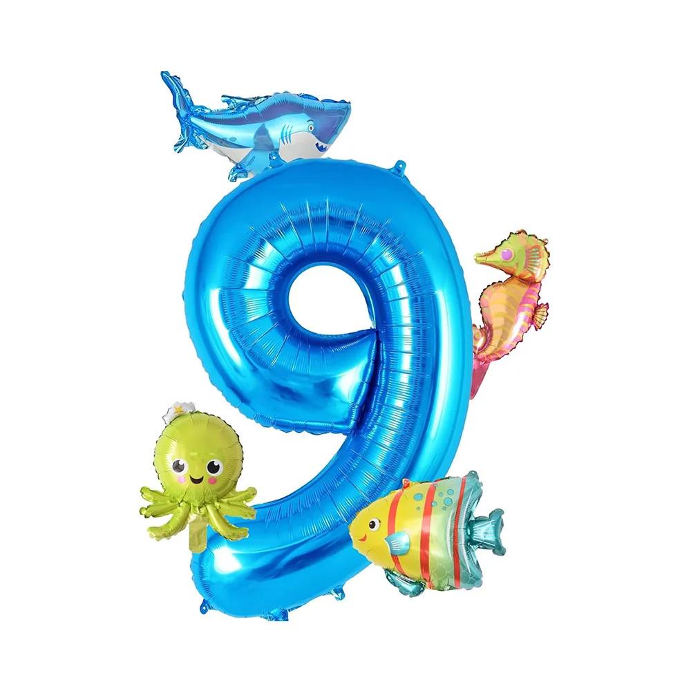 5pcs Mini Sea Animals Balloons Set 40inch Blue Number 0-9 Balloon Octopus Seahorse Fish Foil Balloons Birthday Party Decoration