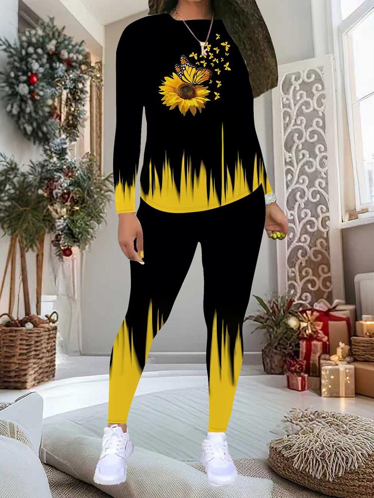 Damen Zweiteiler mit Blumenmuster: Langarmshirt mit Rundhalsausschnitt und Hose, limitiertes Freizeit-Party-Geschenkset