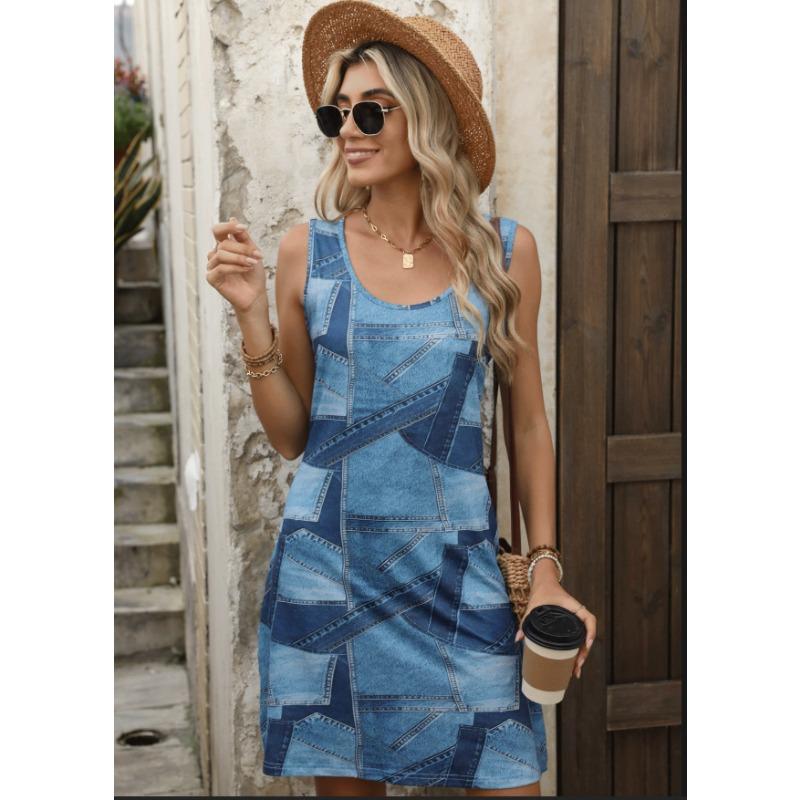 QICED Fashion Summer Spring Sleeveless U-Neck  Casual Dresses S