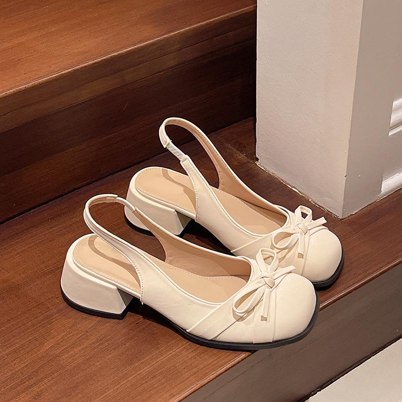 Summer 2025 New Sweet Small Square Head Thick Heel Bow Bag Head Sandals Femininity Rear Strap Women's Shoes