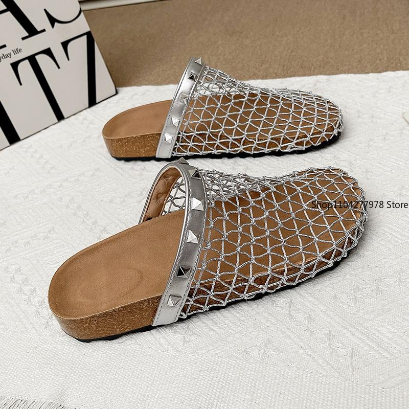 

Fashion Women Slippers 2025 Women Summer New Round Head Slippers Water Diamond Flat Home Anti-skid Sandals Slides Women Zapatos De Mujer 40 серебряный
