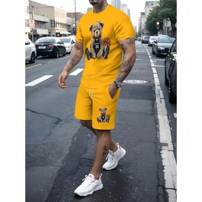 Men'S Novelty Casual Polyester T-Shirt And Shorts Set with Bear Print Slight Stretch Knit Fabric Regular Summer Fashion