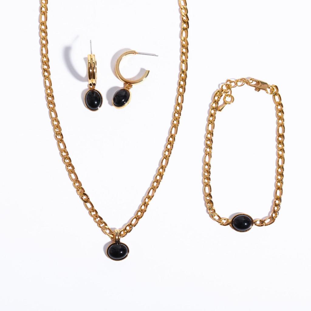 In Stock: European & American Green Aventurine Black Jade Double Layer Necklace with Figaro Chain In 14K Gold
