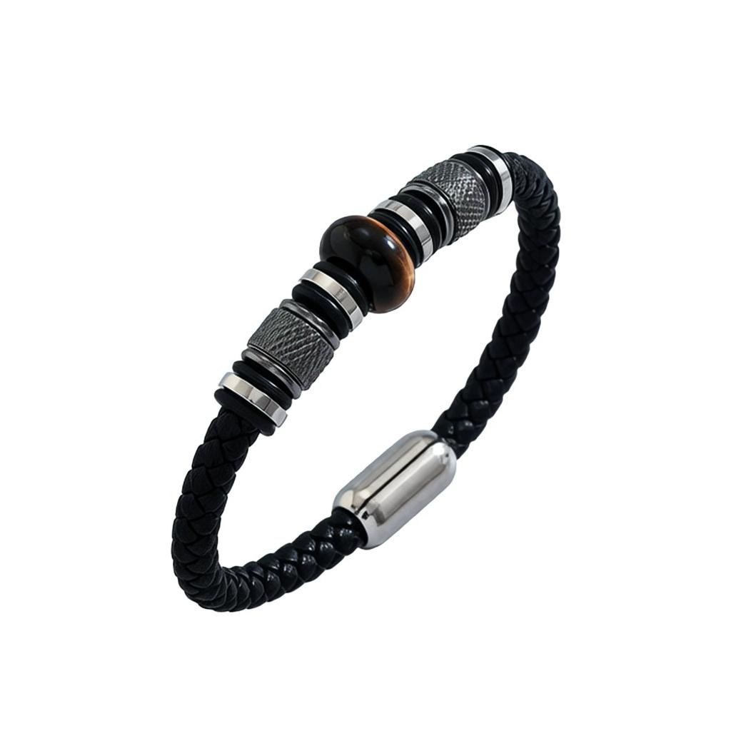 Custom Jewelry No Tarnish 5Pcs Black Cowhide Bracelet Set Silver Spacer Natural Stone Stackable Wrist Jewelry Men Street Style