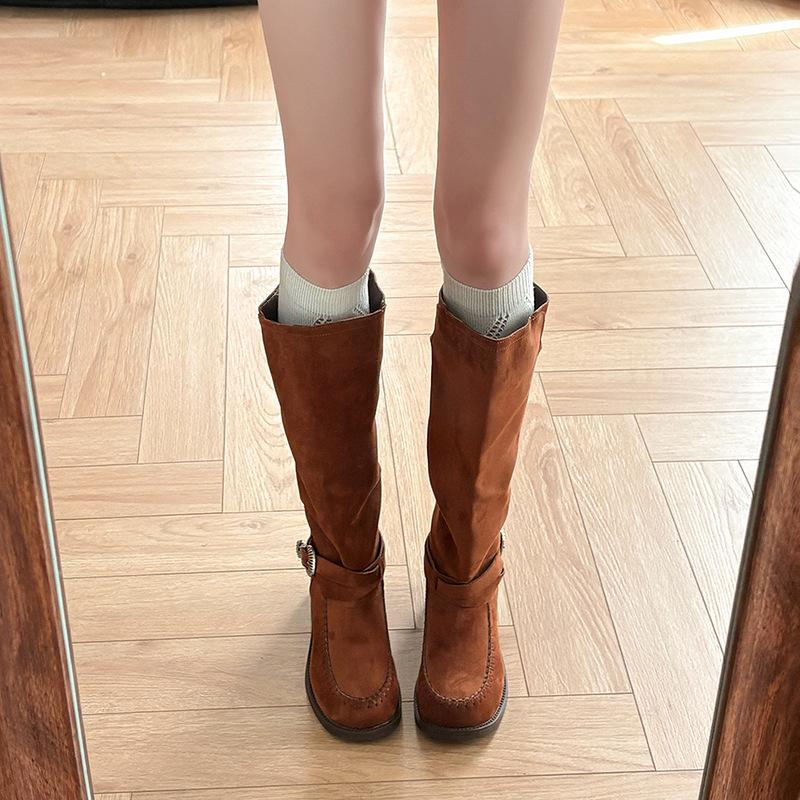 

Retro British style belt buckle thick heel knight boots women s 2025 autumn and winter new niche design thin pile boots 40