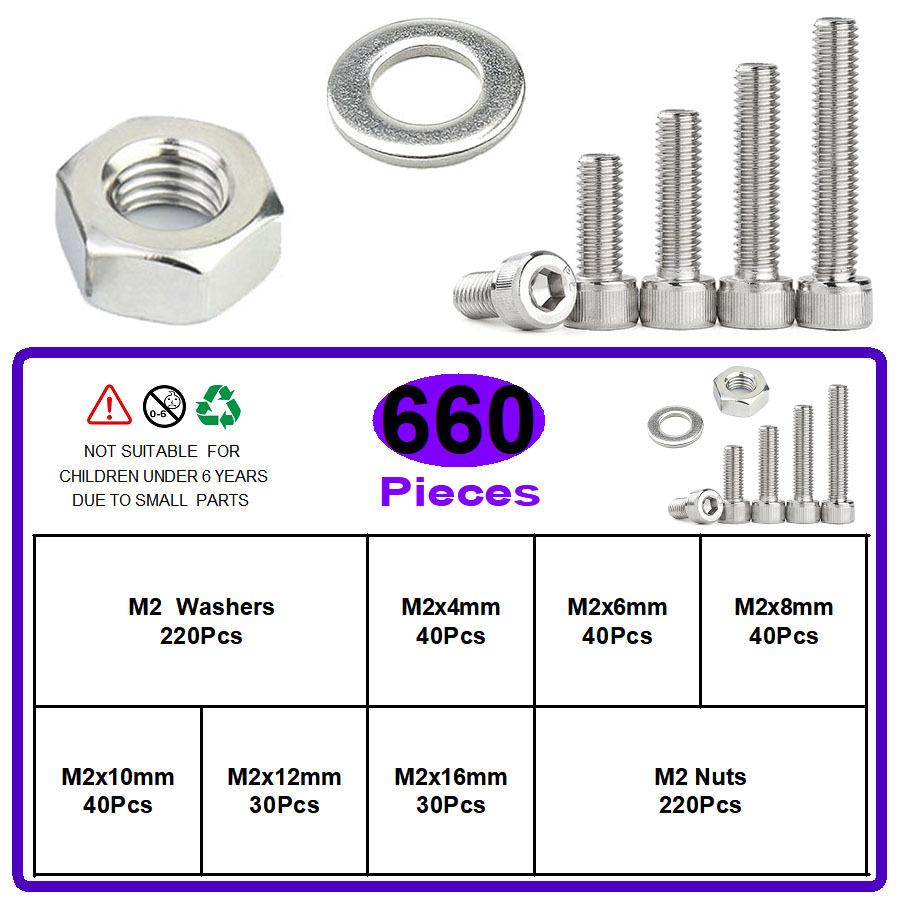 660/500Pcs Cylindrical Head Hexagonal Screw Female Flat Elastic Pad Combination Set M3 Hexagonal Screw