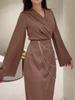 2025 Spring Women's Solid Color Satin Long Dress with Chain Waist