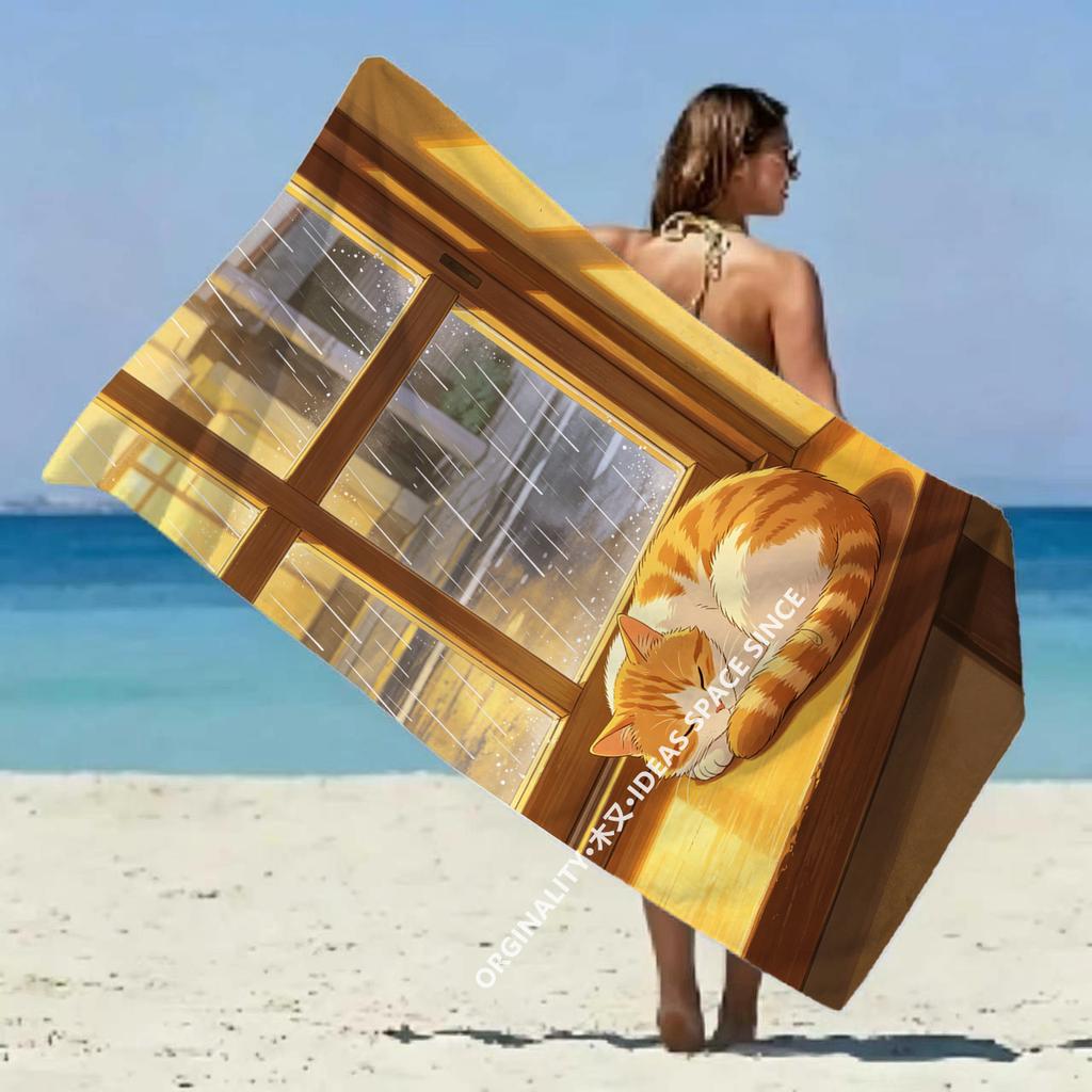 Cozy Rainy Cat Scene Beach Towel Patterned Sunscreen And Windproof Suitable For Swimming Pool Camping Travel Blanket