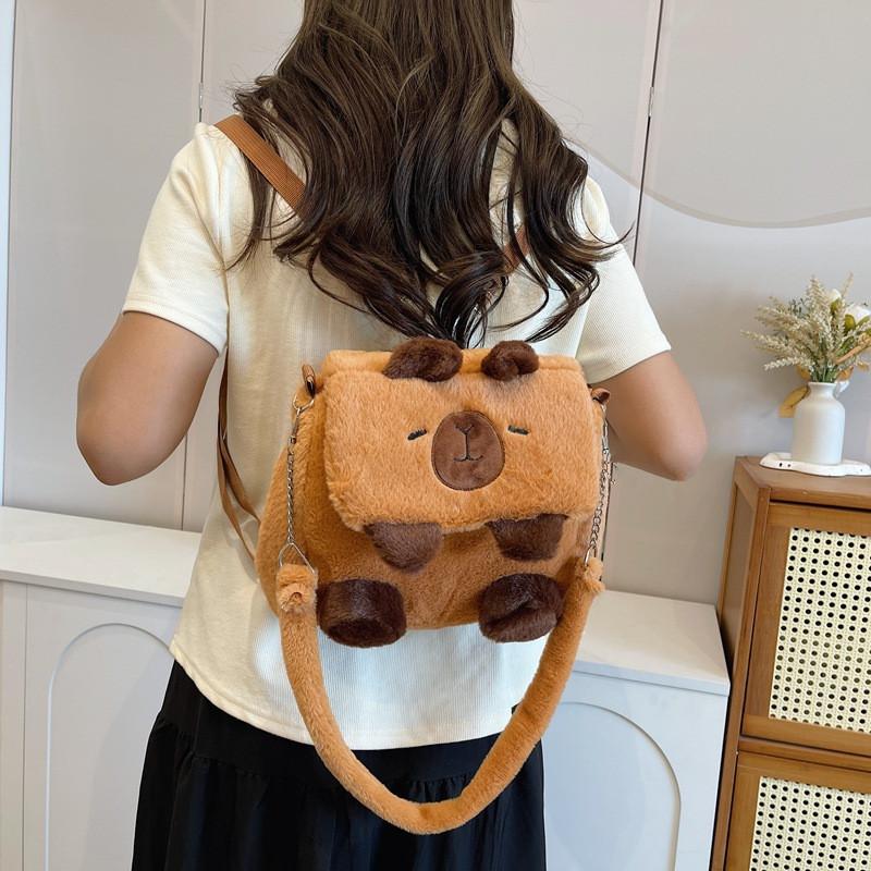 Cute Plush Crossbody Bags for Girls Soft Bear Design Backpack, Versatile Shoulder Bag with Zipper Closure, Perfect for Outings
