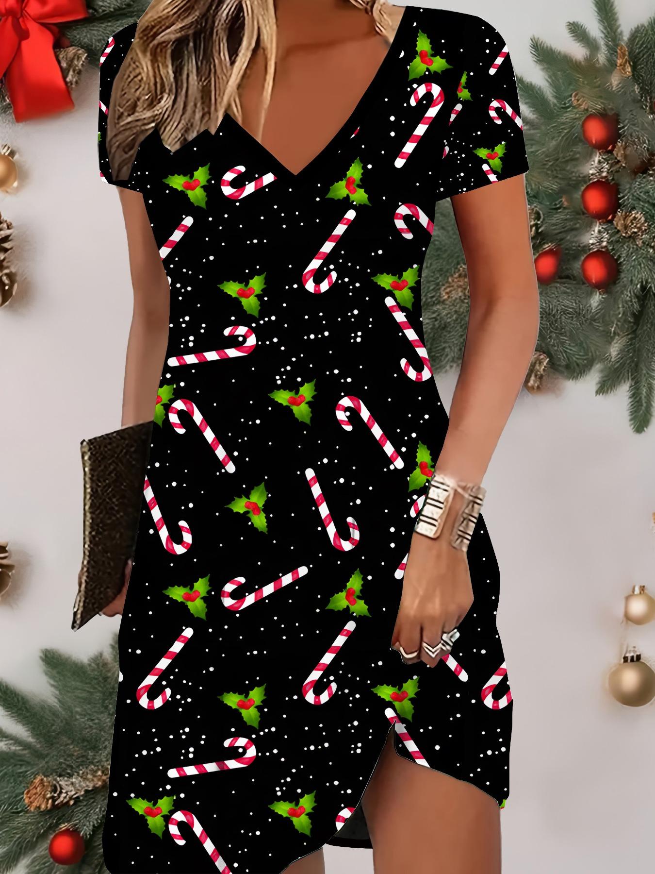 

Мода Жіноча Сукня з V-подібним вирізом та короткими рукавами з різдвяним принтом сніговика Сексуальні сукні з короткою спідницею L чорний