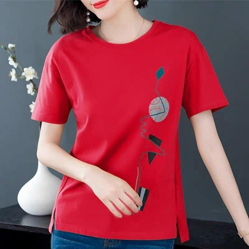 Short-sleeved T-shirt Women's Women's Summer Loose Large Size Fat Mm Literary Printing T-shirt Trend