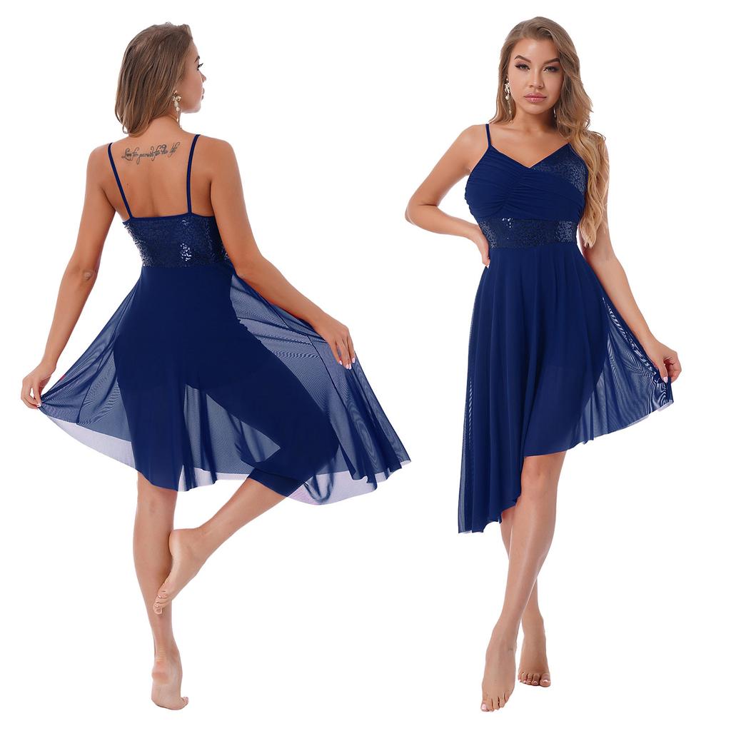 Women Lyrical Modern Dance Dress Sequin Asymmetrical Hem Leotard Skating Performance Costume