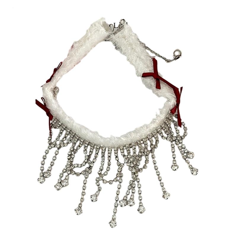 Plushy Neckchain Bowknot Pendant Necklace Zircon Fringe Bows Choker Decoration