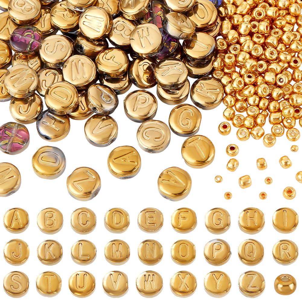 26 Styles Electroplated Glass Bead Flat Round with Letter Gold 1Set Glass Seed Beads Mixed Shapes 4~10x3~5mm Hole: 1~1.2mm