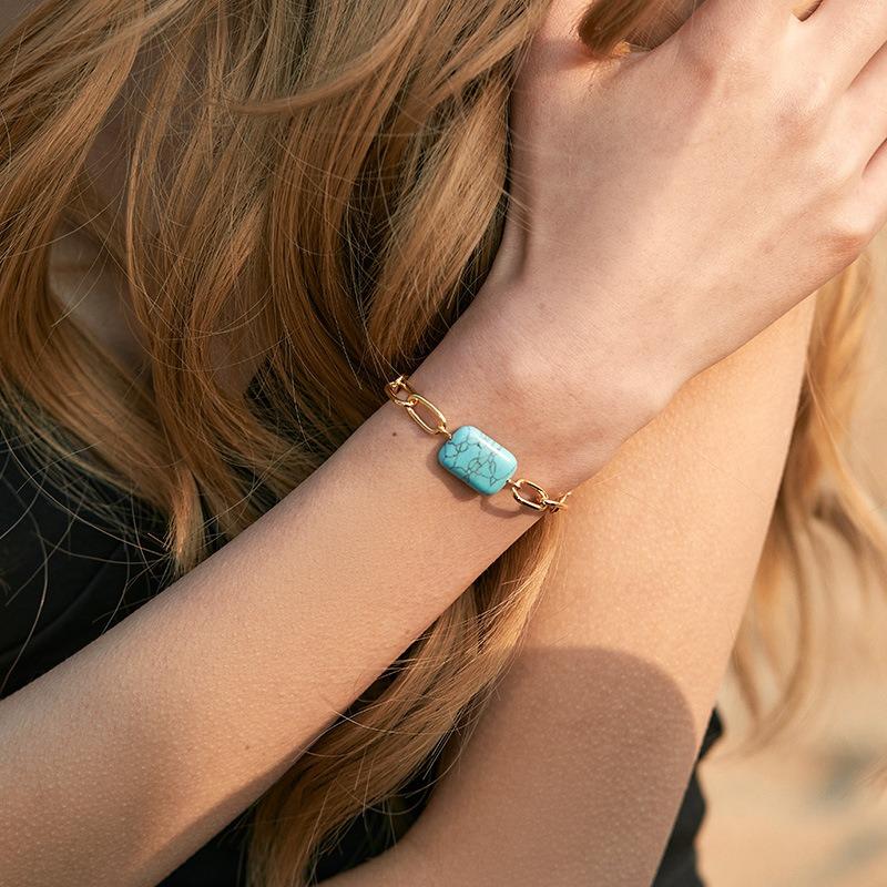 K Gold Plated Brass Square Turquoise Hollow Thick Chain Adjustable Trendy Bracelet For Women