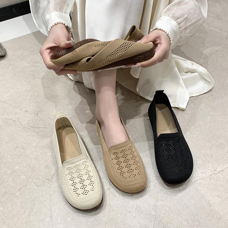 35-41 Women Flat Shoes Spring Autumn Loafers Knit Mesh Casual Zapatos Female Slip-on Soft Bottom Anti-slip Breathable Footwear