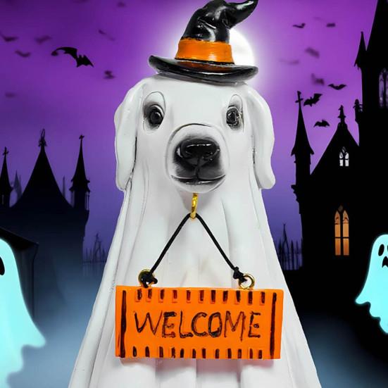 Halloween Porch Ghost Figurine Resin Cow Goose Cat Statue with Pumpkin Bucket or Welcome Sign for Indoor Outdoor Yard Lawn Shelf Table Decor