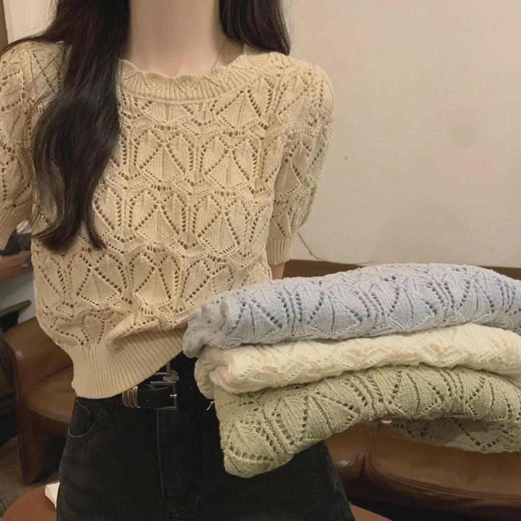 Women's Hollow Knit Cardigan - Short Sleeve, Mesh, Shawl Top, 2023 Spring/Summer Sunscreen Style