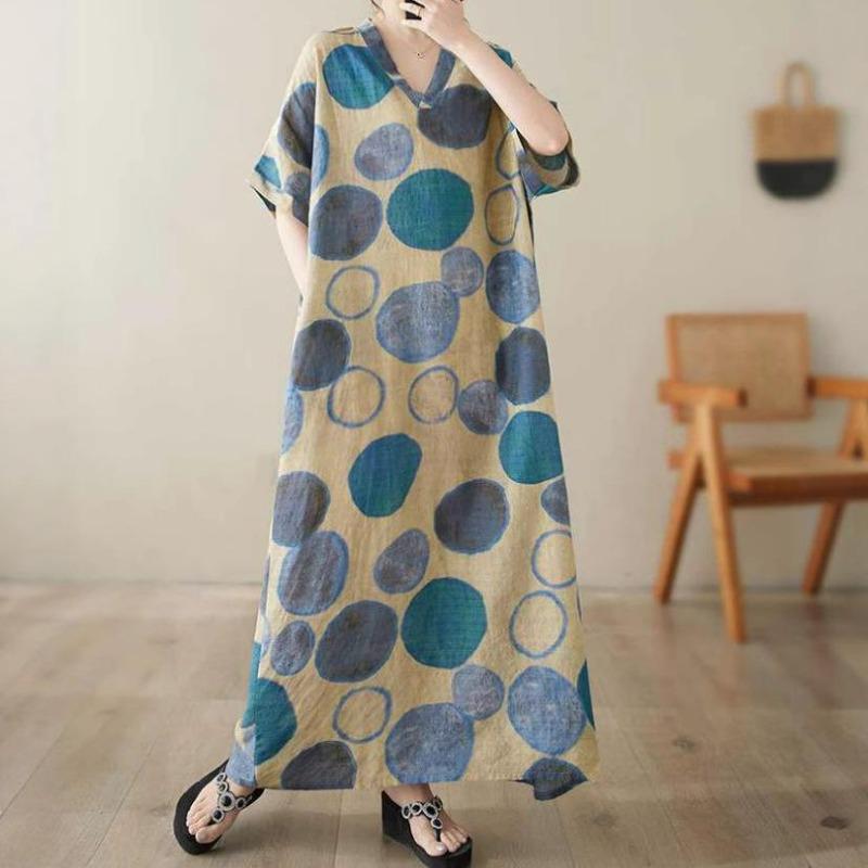 Women's V-Neck Floral Maxi Dress Short Sleeve Loose Boho Summer Dress