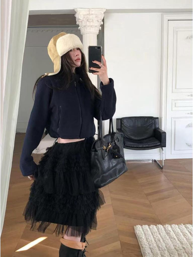 Korean MORE THAN YESTERD*Y Winter 25 Mesh Cake Lace Skirt