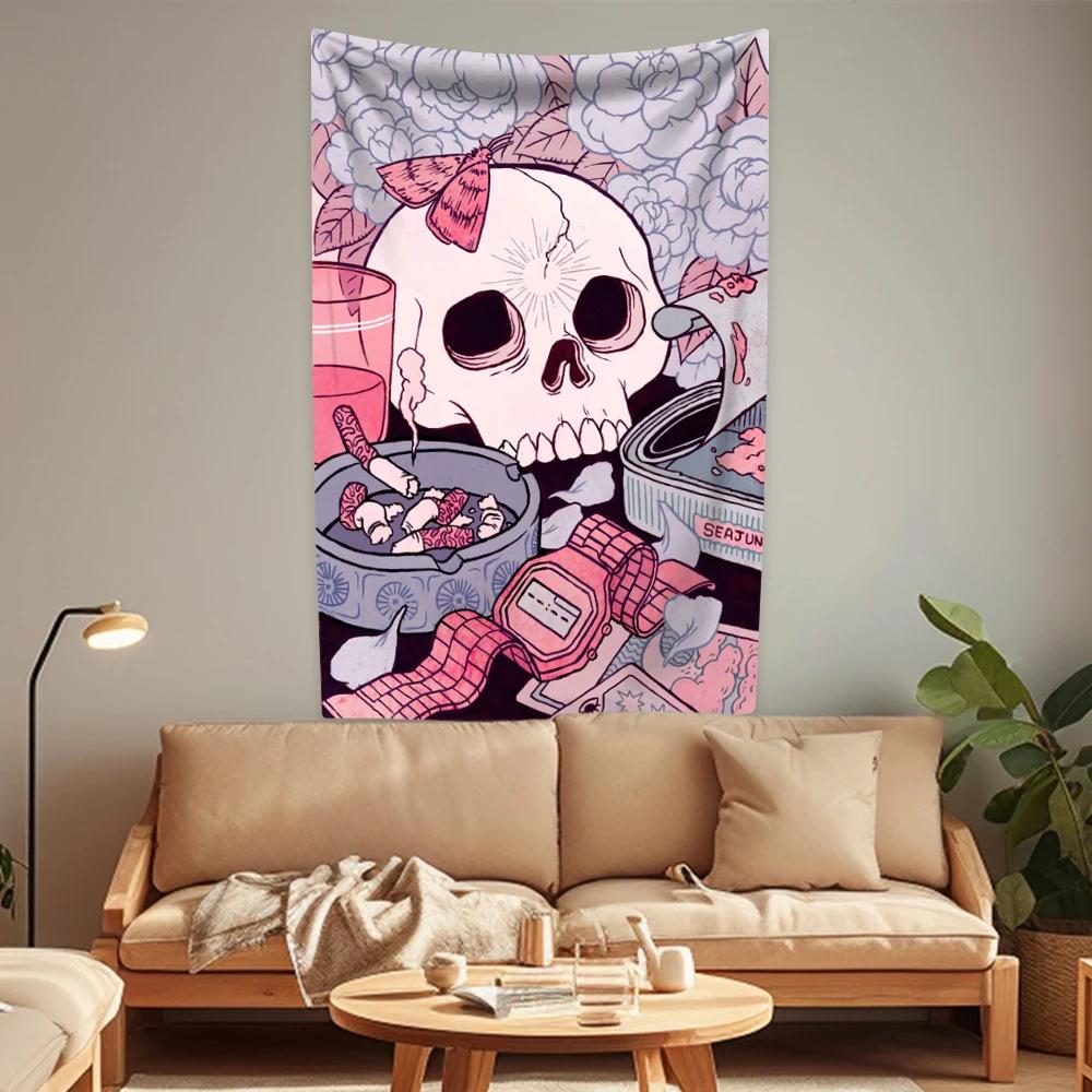 Cute Halloween Tapestry Pink Skull Pumpkin Home Decor Aesthetics Festivals Gift Living Room Party Backdround Cloth Sofa Blanket