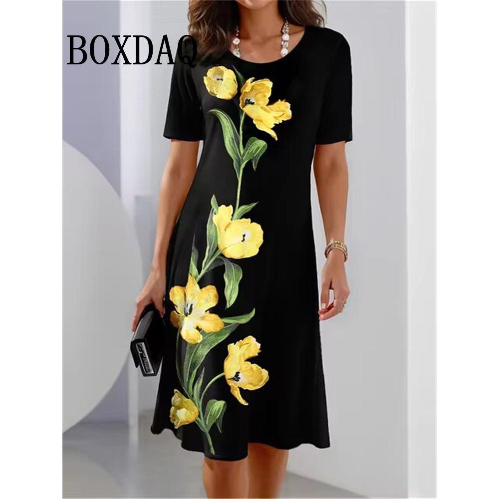 Women Casual Dresses Summer Vintage Style Female O-Neck Flower Printed Dress Loose Ladies Clothing