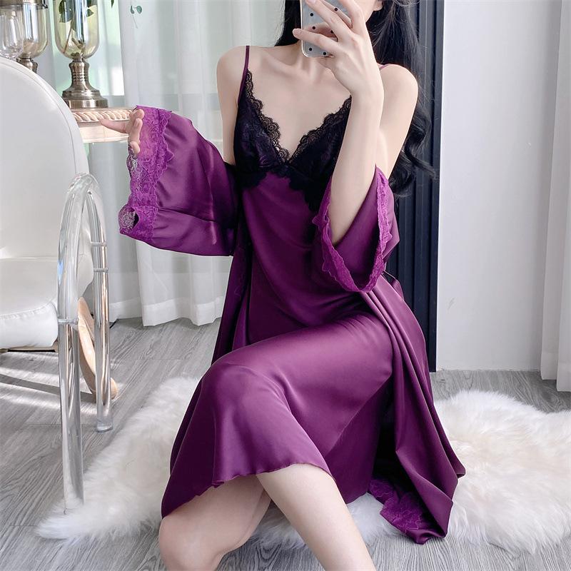 Sexy pajamas women's spring and autumn pure lace temptation loungewear with chest pad long suspender nightgown nightgown set summer