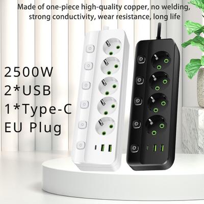 Régua de energia com plugue UE, tomada de controle independente de 2/3/4/5 posições com 2 portas USB 1 tipo C, cabo de extensão de 2 m, tomadas elétricas