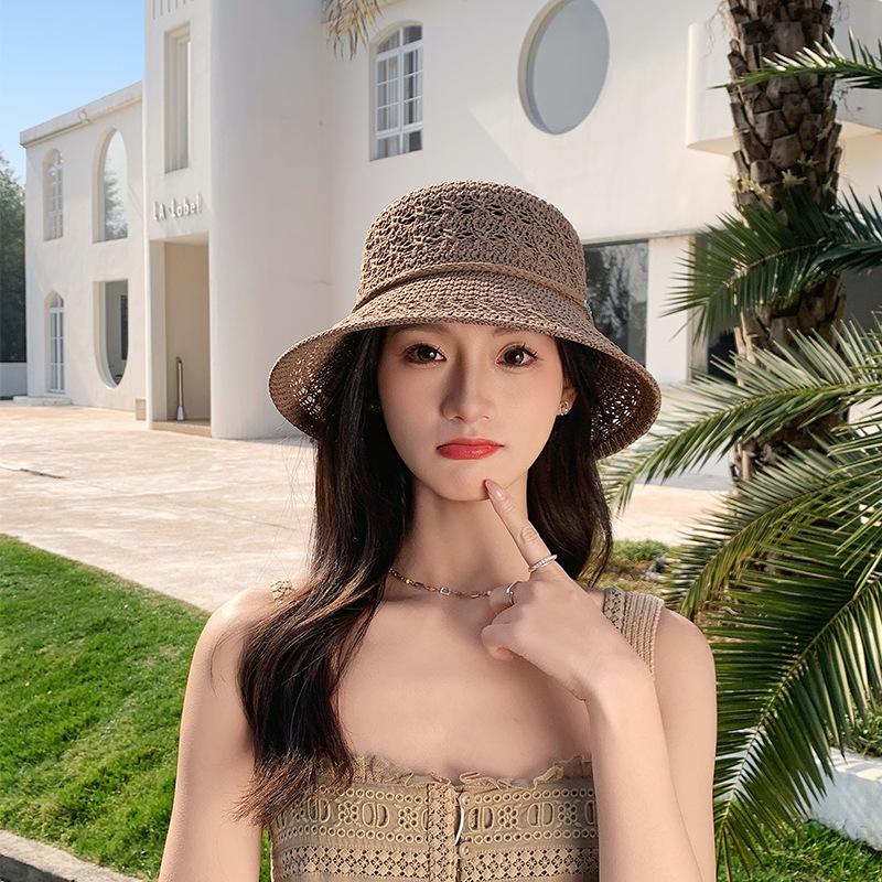 

Temperament hollow solid color hat women s spring and summer knitted breathable bucket hat big brim showing small face versatile basin hat one size fits all