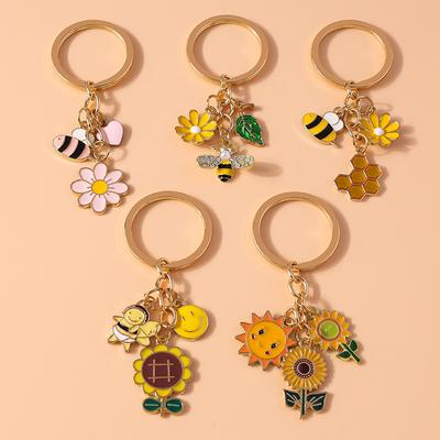 Cute Enamel Flower Bee Keychain Animal Key Rings Pendants for Women Girls Handbag Accessories DIY Jewelry Gifts