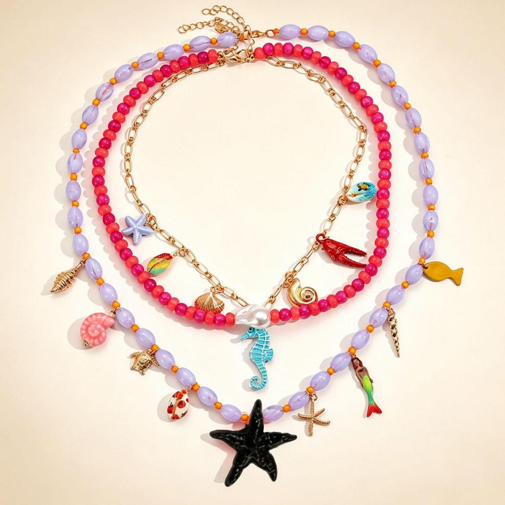 Beaded Starfish & Seahorse Multi-layer Necklace - Handmade Ocean Style Women's Accessory