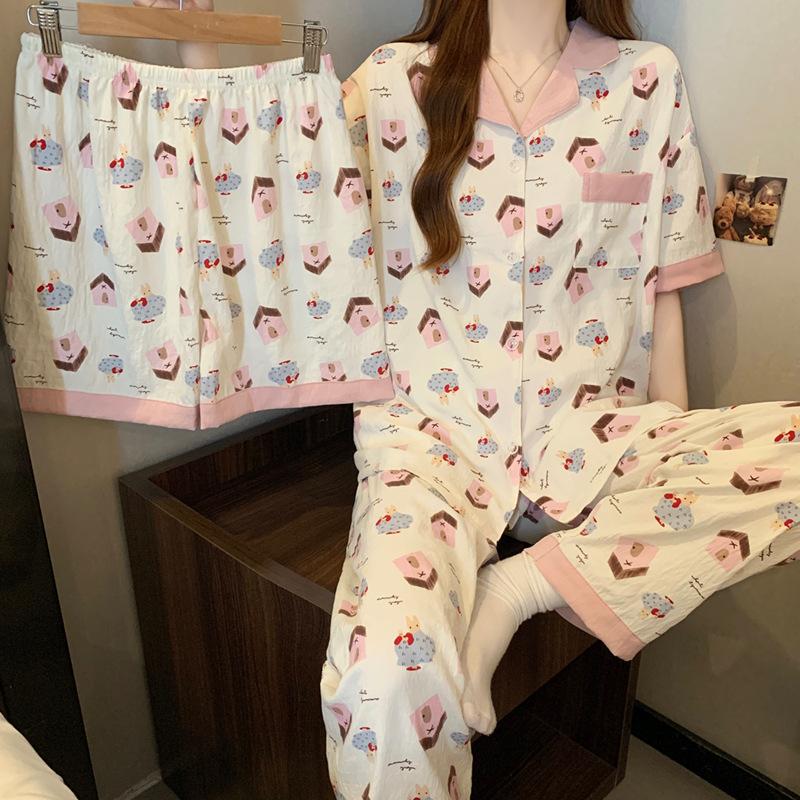 Sweet Girl Cute Little House Summer Pajamas Women'S Loungewear Cloud Cotton Loose And Comfortable Three-Piece Set