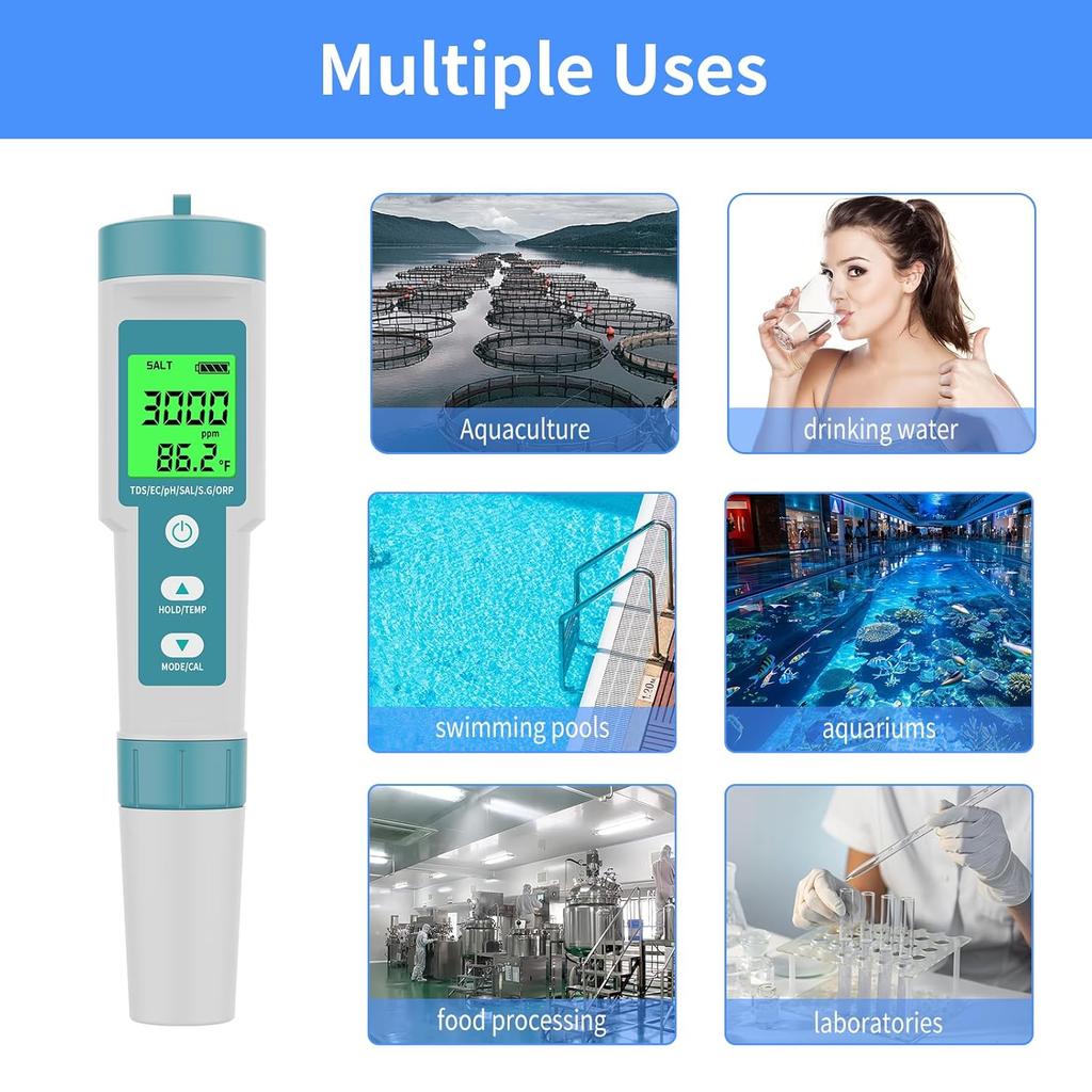 PH Meter TDS Meter 8 in 1 Digital Water Tester Pool Salt Tester Salinity, PH, TDS, EC, ORP, H2 and TDS Meter, PH Meter for Water with LCD Backlit