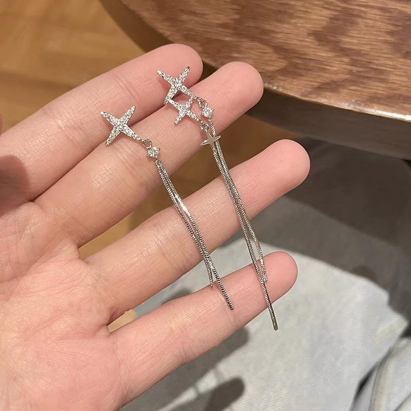 Star zircon fringed earrings women's new popular earrings light luxury high-end temperament long earrings