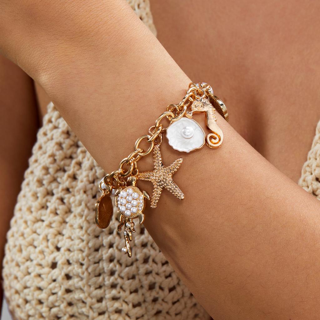Design Sense Marine Element Pendant Bracelet for Women Imitation Pearls Conch Starfish Beaded Bracelet Bohemian Jewelry Gift