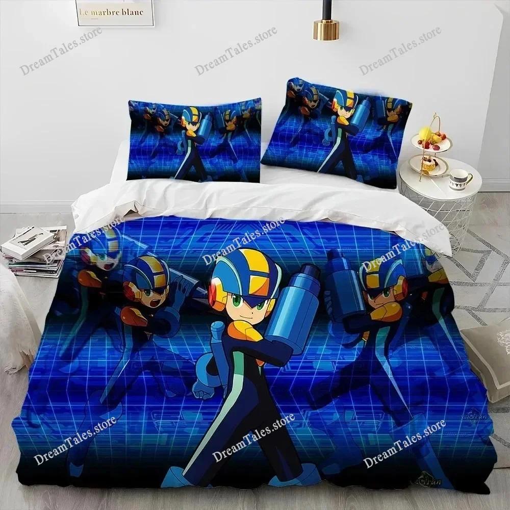 Set Biancheria da Letto Copripiumino 3D Rockman Megaman Gioco Cartone Animato, Copripiumino Set Letto Coperta Federa, Set Biancheria da Letto Matrimoniale Queen Size Bambino