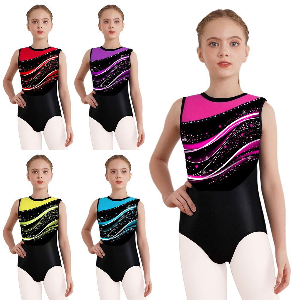 Girls Stylish Print Round Neck Sleeveless Patchwork Gymnastics Leotard Figure Skating Acrobatics Dance Bodysuit