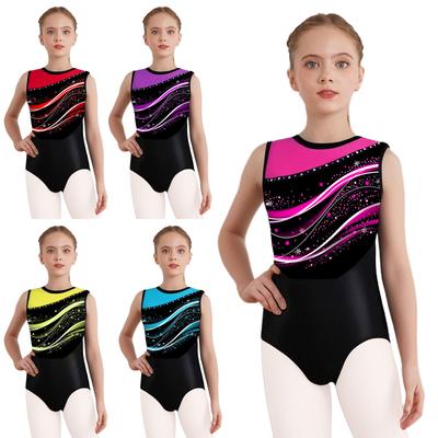 Meisjes Stijlvolle Print Ronde Hals Mouwloos Patchwork Gymnastiek Leotard Kunstschaatsen Acrobatiek Dans Bodysuit