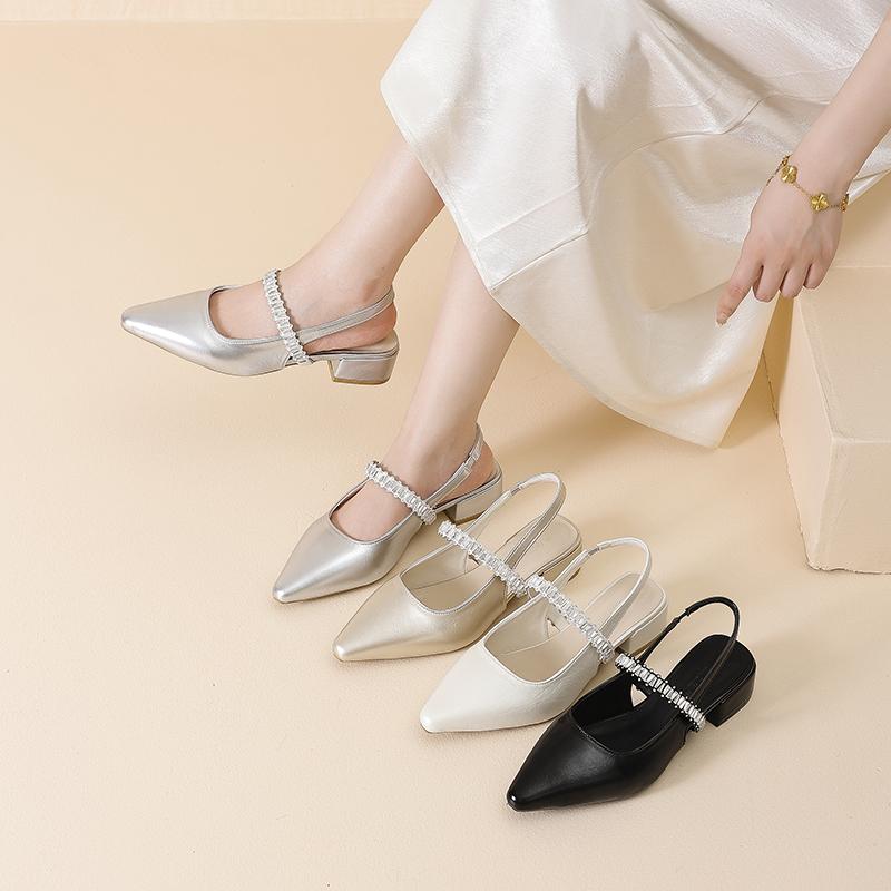 Summer Lady New Women's Shoes Back Strap Pointed Rhinestone Low-Front Cover Foot Flat Bottom Casual Shallow Mouth Simple Sandals