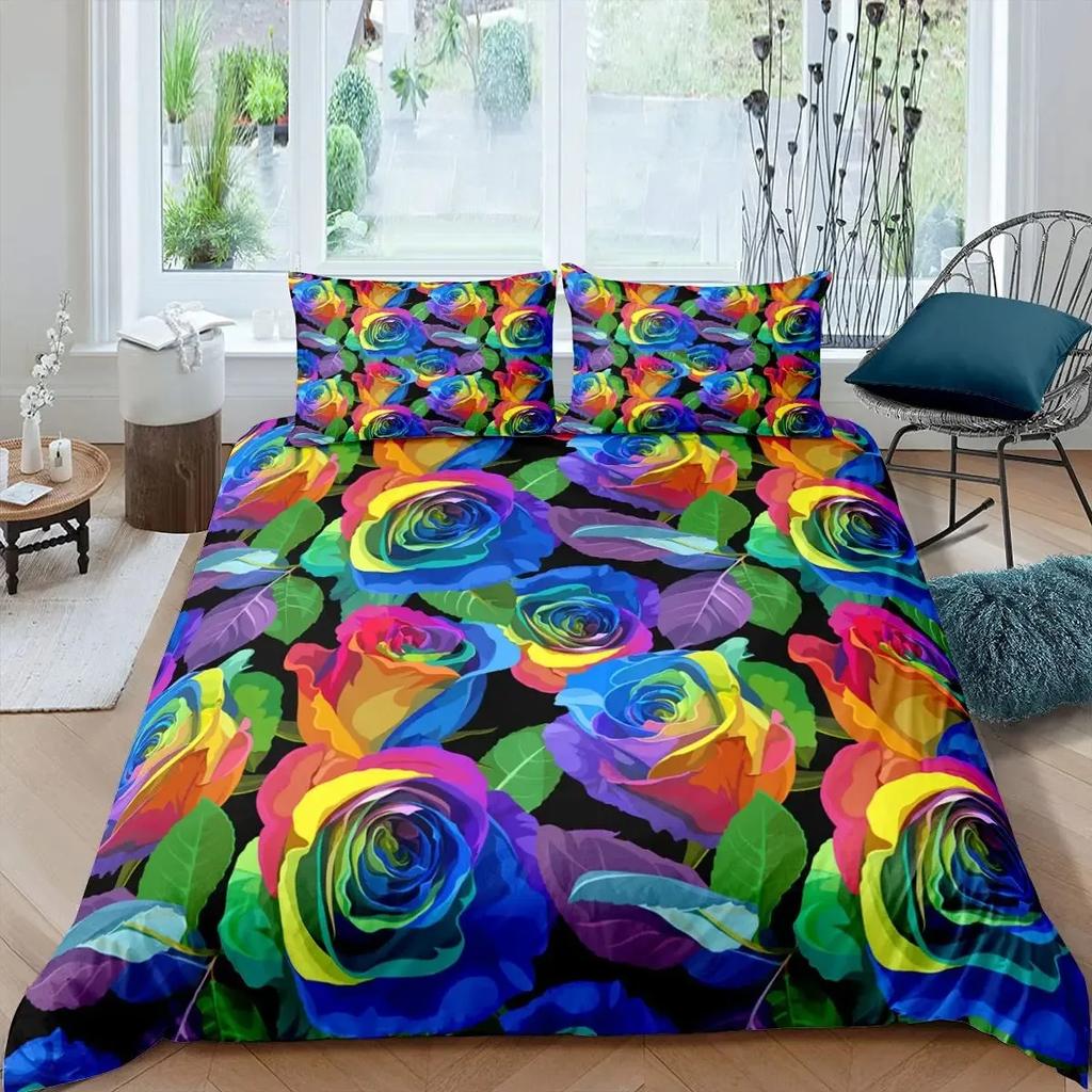 Girls Rainbow Rose Duvet Cover Set Colorful Rose Floral Bright Flowers Petal Comforter Cover Garden Fresh Bedding Sets Full Size