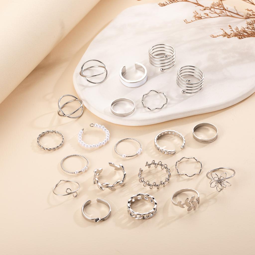 Ring, Fashion Leaf Wave Multi-Layer Cross Hollow Opening 21 Piece Set Ring