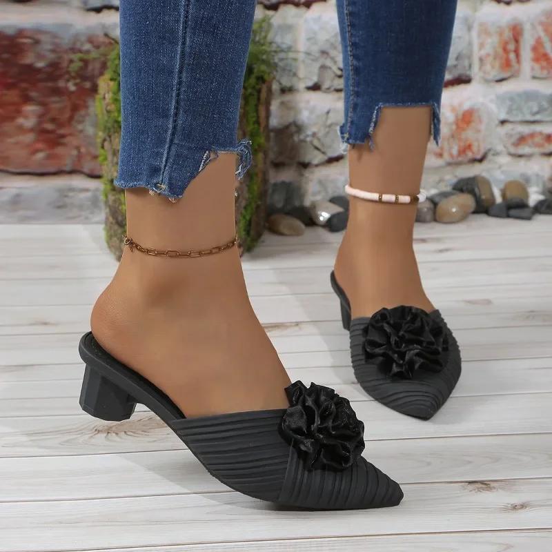 Fashion Shoes Female 2024 High Quality Closed Toe Women's Slippers Fashion Floral Dress Slippers Women New Shallow High Heels Zapatos