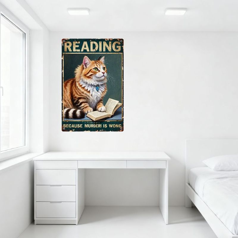 Vintage Reading Cat Metal Sign Distressed Rustic Wall Decor - Because Murder Is Wrong with Orange Tabby Cat & Book, Jeremy Vande